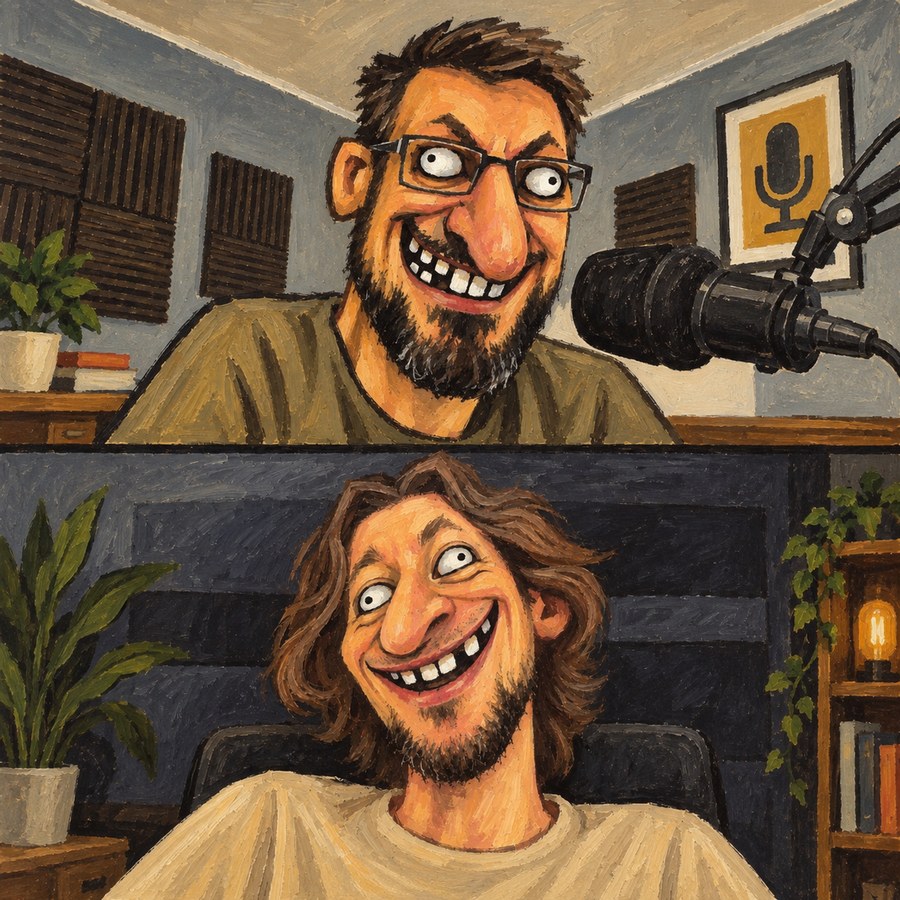 Official artwork for the Myatye Futbolki podcast, showing two illustrated hosts at microphones
